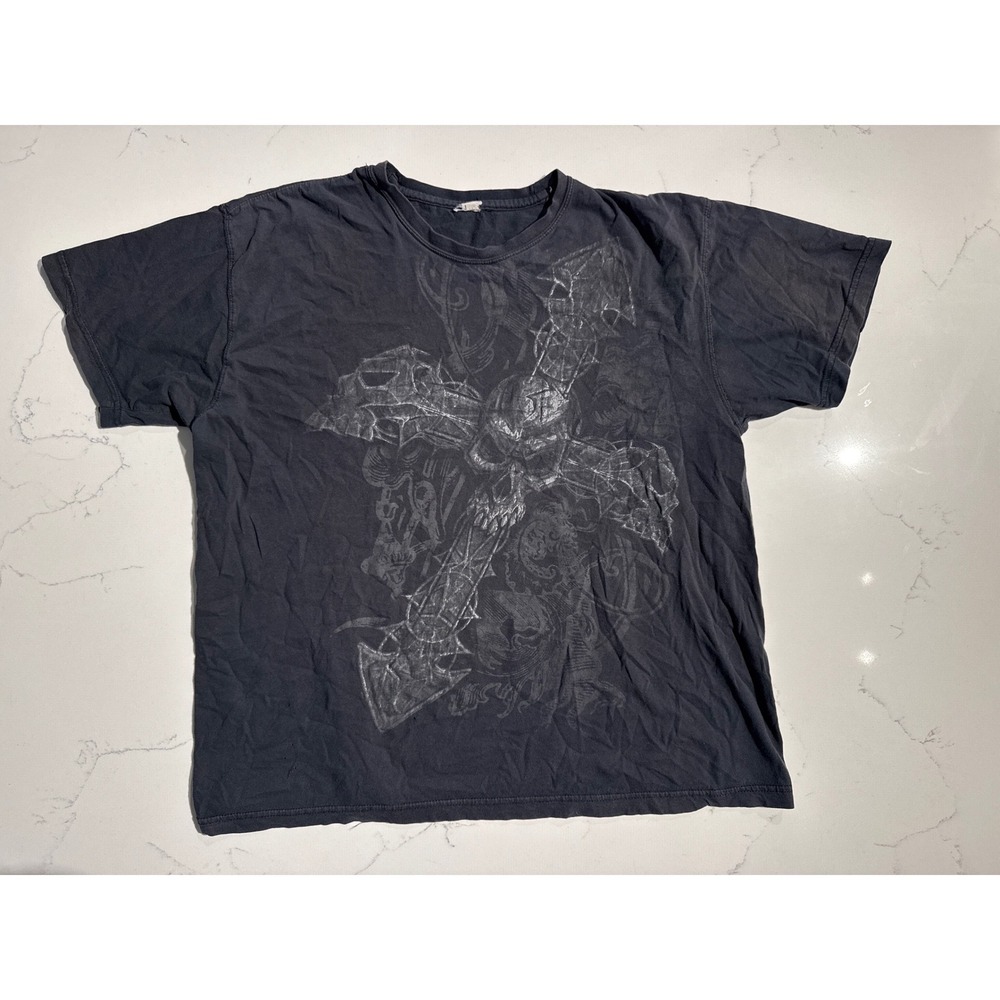 Y2K Skull Cross Graphic T-Shirt Faded Black Gothic Grunge